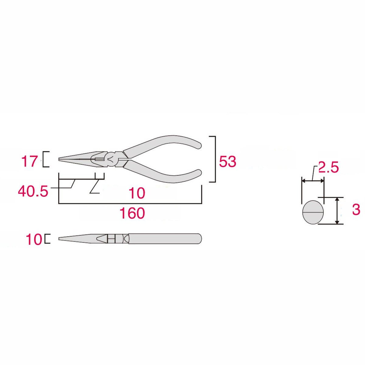 Measurement diagram for Fujiya 350-150BG long nose pliers – made in Japan