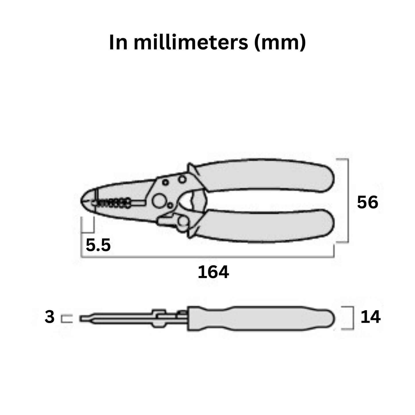 Specifications chart for Fujiya PP323A-165 wire stripper – 165mm professional tool