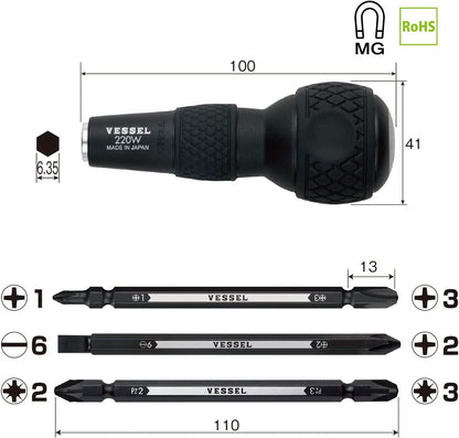 VESSEL Ball Grip 6-in-1 Interchangeable Screwdriver (220W-3, Made in Japan, JPN Package)