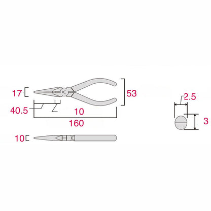 Measurement diagram for Fujiya 350-150BG long nose pliers – made in Japan