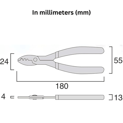 Specifications diagram for Fujiya FA203 7-inch cutter and crimper – made in Japan