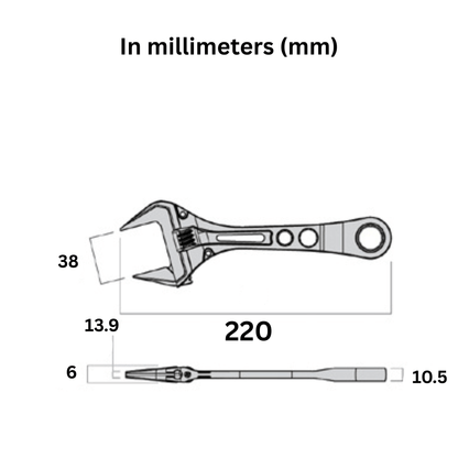 Specification chart for Fujiya FGL-38BG 9-inch wrench – max jaw width and handle length