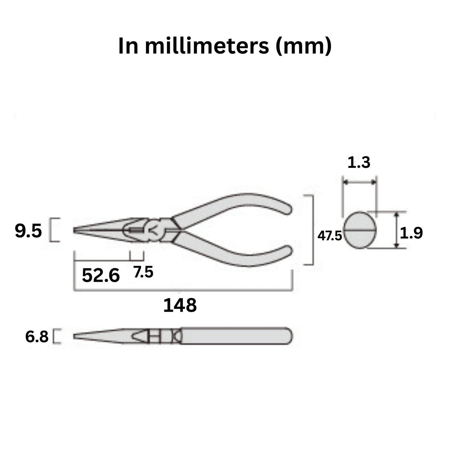 Technical diagram of Fujiya MP7-150 long nose pliers – 150mm precision profile