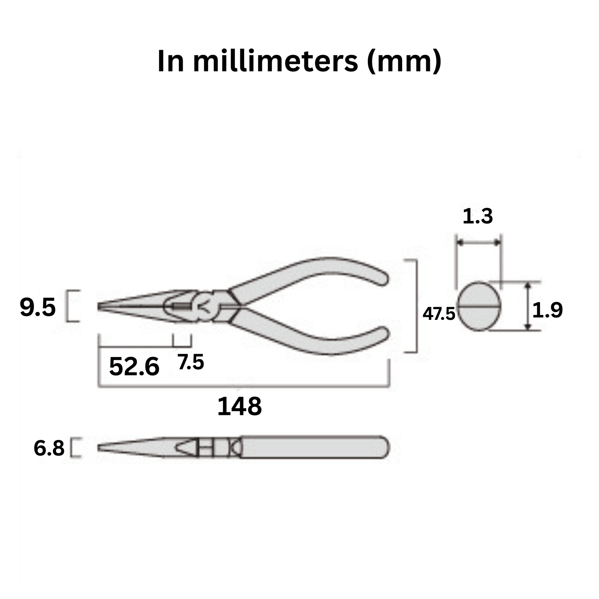 Technical diagram of Fujiya MP7-150 long nose pliers – 150mm precision profile